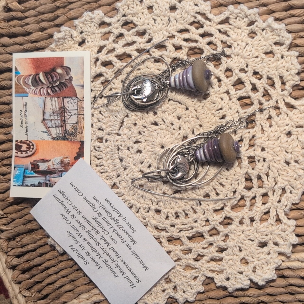 💥SOLD💥"New"Sterling Silver Dangle Earrings With Wampum&Beach Stone - Picture 9 of 9